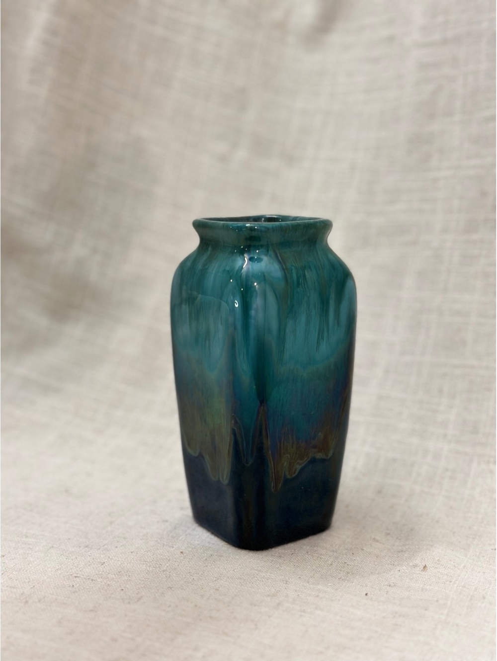 Vintage Blue Mountain Pottery 6" Small Square Bud Vase Canada Green Drip Glaze